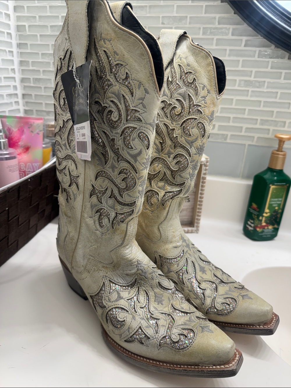 J.B. Dillon Ivory Embellished Western Boots with Iridescent Accents